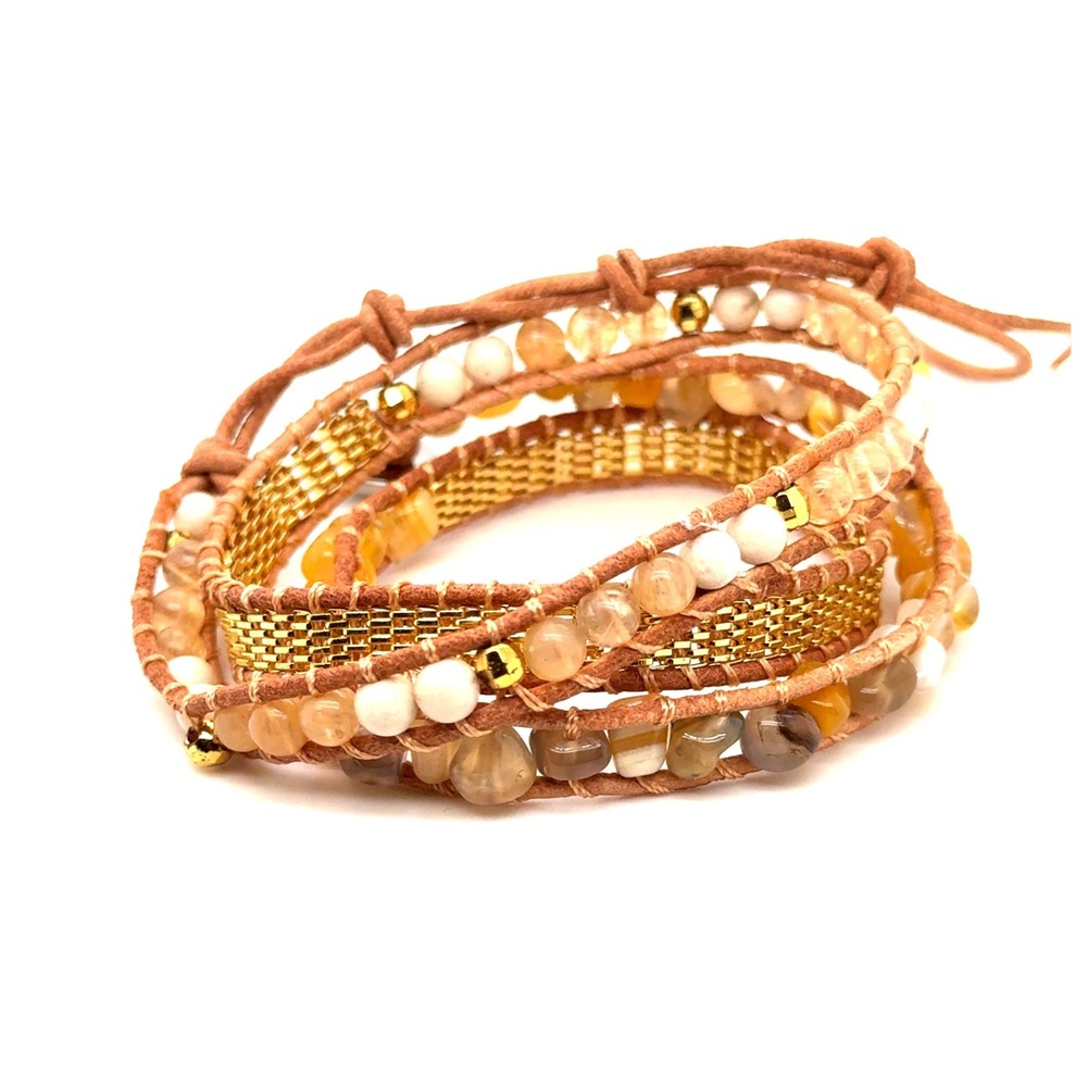Victoria Emerson Boho Wrap Bracelet Gold Amber Crystal Leather Adjustable Multi